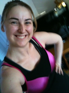 My training attire for Adore's run - Claire Brummell with a hot pink bra over her running gear!